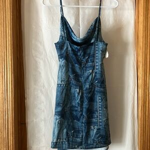 Urban Outfitters Women’s Denim Print Sz S Spaghetti Strap Dress NWT